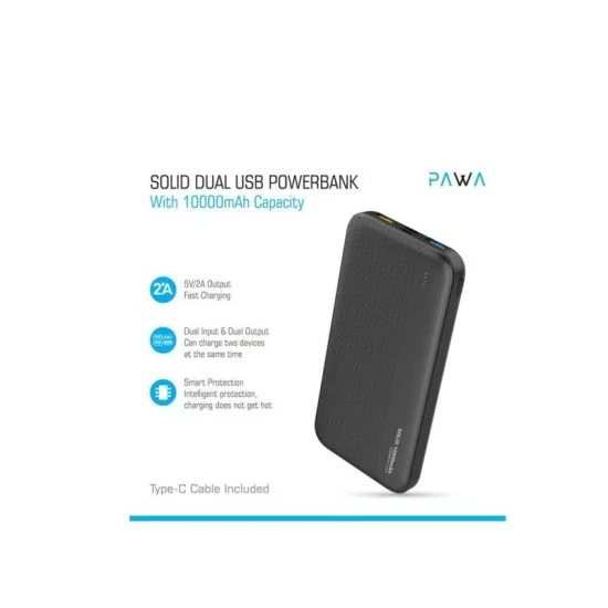 Pawa Solid Dual Usb Powerbank With 10000Mah Capacity